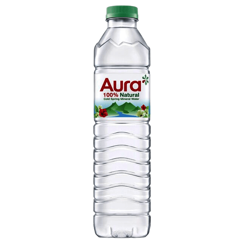 Aura 500ml mineral water bottle with a green cap