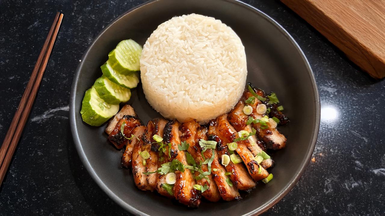 Pinky’s BBQ pork rice bowl with fresh cucumber